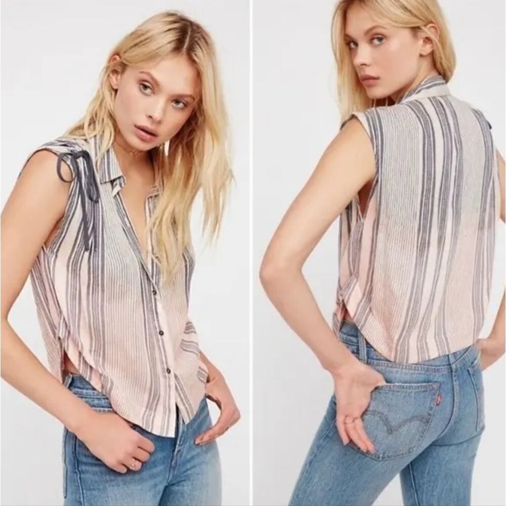 Free People Women's Shirt Size Medium Cream Blue Pink Sleeveless Button-up